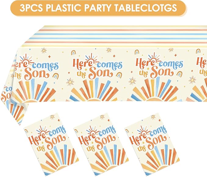 3Pcs Here Comes The Son Baby Shower Decorations Tablecloths Plastic Sunshine Table Covers Disposable Boho Sun Party Table Cloth for Boy,Here Comes The Son Baby Shower Decorations (Sunshine)