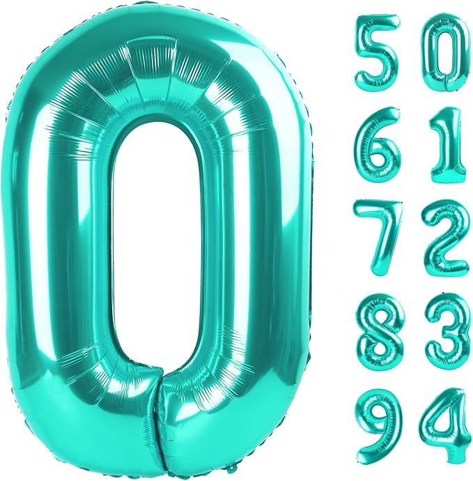 Teal Blue Number Balloon 40 Inch, 0 Number Balloons, 10 20 30 40 50 Numbers Balloon Birthday Decorations, Teal Party Supplies for Women