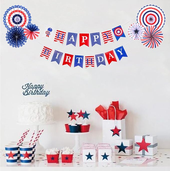 Zwiebeco Red Blue White Happy Birthday Party Decorations Banner Bunting Garland Hanging Paper Fan Kit for Boys Kids Captain America Spiderman Superhero Theme Accessories Supplies