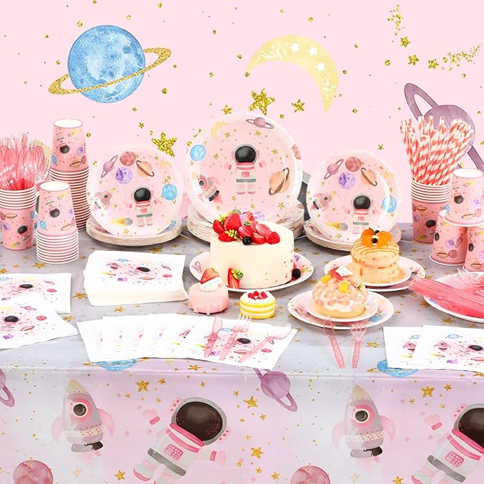 452 Pcs Pink Space Birthday Decorations for 50, Star Astronaut Paper Plates Napkins Cups Moon Tablecloth Cutlery Straws for Planets Solar System Baby Shower Party Supplies Decorations