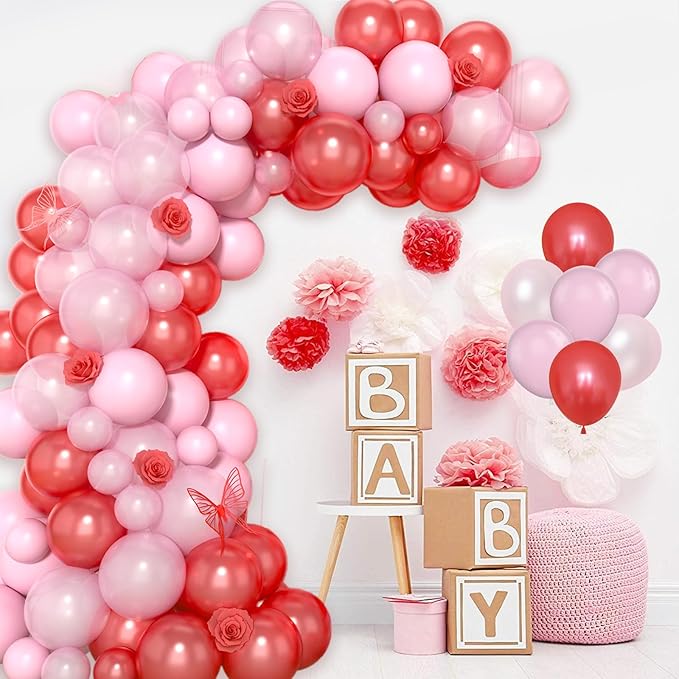 Red and Pink Balloon Arch Kit, 120Pcs Pastel Pink and Red Balloon Garland Kit Pearl Pink Party Balloons Latex Balloons for Valentines Day Decorations Birthday Baby Shower Wedding