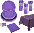 Ottin 169PCS Purple Christmas Party Supplies for 24 Guests – Disposable Paper Plates, Napkins, Cups, Forks, Knives, Spoons & Tablecloth for Birthday, Wedding, Thanksgiving, Christmas, and New Year