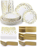 224 Pieces Party Supplies, White and Gold Dots Wedding Party Plates Cups and Napkins Sets with Plastic Knives forks spoons, Disposable Tableware Serves 32 Sets for Birthday, Graduation, Festivals