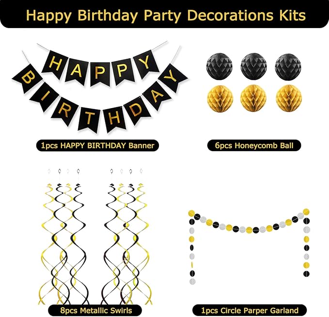 Black Birthday Decorations with Happy Birthday Banner, Paper Honeycomb Balls, Circle Garland and Hanging Swirl Decorations