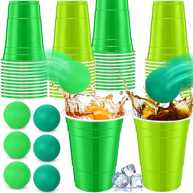 32pcs St. Patricks Day Party Games for Adult Include 24 Pcs 16oz Green Plastic Cups with 8 Balls, Shamrocks Irish Festival Party Decor, Juice Beverage, Outdoor Toss Game Favor Supplies
