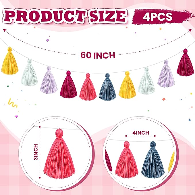 4 Pcs Rainbow Tassel Garland Party Decor, Colorful Boho Wall Hanging Banner for Birthday Birthday Wedding Baby Shower Party, Classroom, Bedroom, Nursery Home Decor(Dark,3.15 Inch)