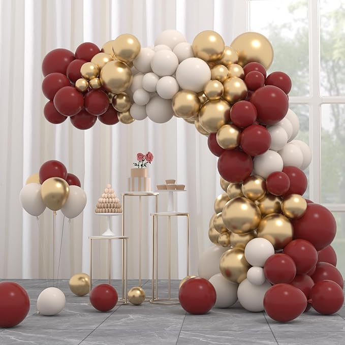 Burgundy Balloon Arch Garland Kit, 122PCS Wine Red Iovry White Metallic Gold Sand White Burgundy Balloons for Wedding Bridal Shower Birthday Wine Anniversary Engagement Graduation Party Decorations