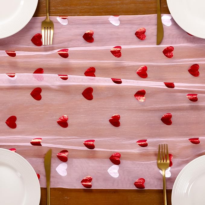 Socomi Valentine's Day Red Heart Table Runner Gauze Sheer Romantic Sequin 10FT Glitter Metallic Foil Dining Wedding Birthday Party Baby Shower Holiday Centerpiece Table Decor Pink