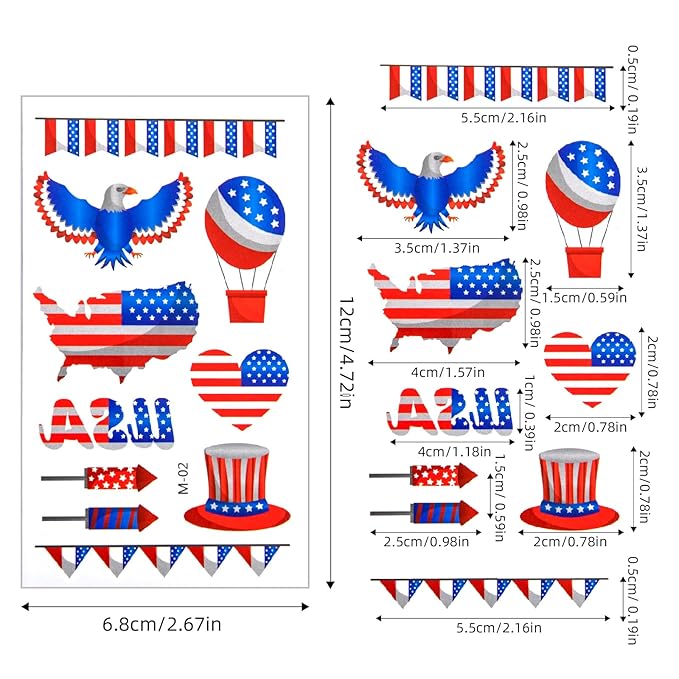 4th of July Temporary Tattoos Party Decoration, American Flag Red White and Blue Patriotic Tattoo, Fourth of July USA Face Tattoo Sticker Party Favors Memorial Veterans Independence Day Accessories