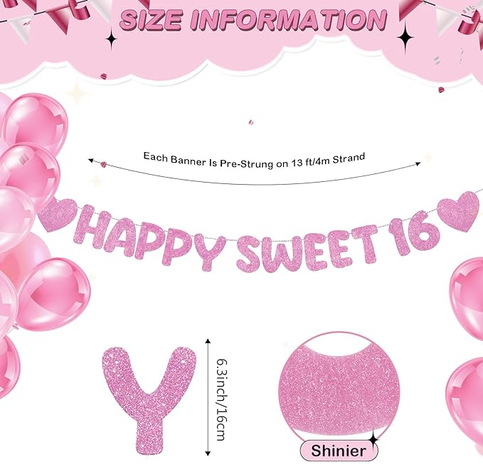 Fulmoon Pre Strung Happy Sweet 16 Banner Glitter Sixteenth Birthday Party Decorations 16th Party Sign Sweet 16 Party Decorations for Birthday Party Bachelorette Party(Pink)