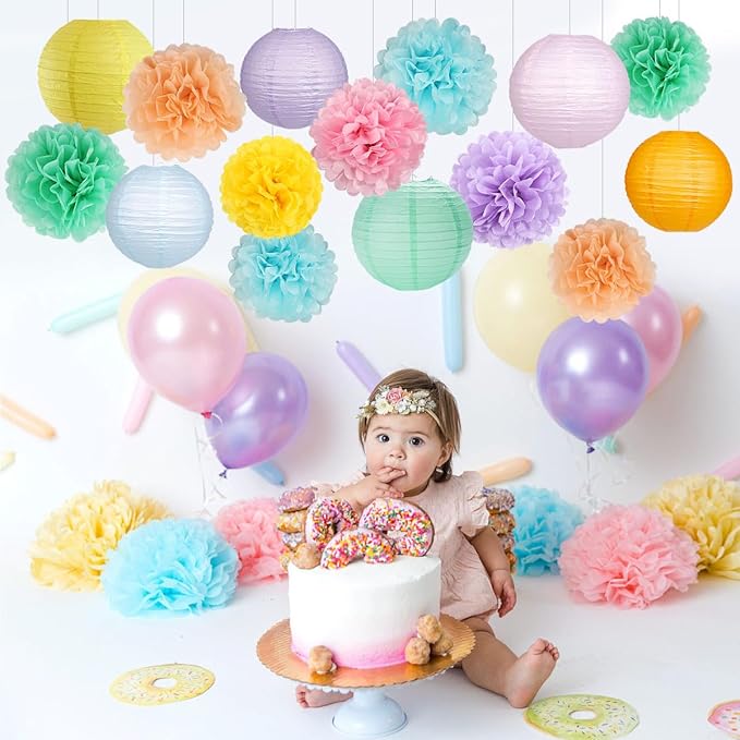 zilue Pastel Party Decorations, Paper Lanterns and Pom Poms Flowers for Birthday Party Baby Shower Easter Decor Pack of 15 Pieces
