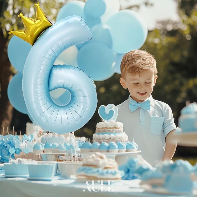 AULE 40 Inch Big Light Blue 6 Balloon Number with Crown Large Foil Helium Number Balloons 0-9 Jumbo Giant Happy 6th Birthday Party Decorations Huge Mylar Anniversary Party Supplies