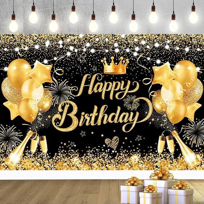 YinQin 180x120 cm Glitter Black Golden Happy Birthday Backdrops Photography Backgrounds Cloth 71x47 inch Bday Party Decorations Black Gold Happy Birthday Sign Banners for Men Women