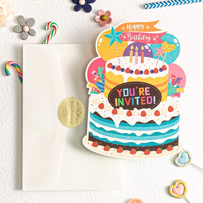 WISHGIFT 25Pcs/Set Birthday Party Cake Invitations with Envelopes, Kids Birthday Party Invitations, Perfect For Girls Boys Kids Birthday Party Celebration Decorations