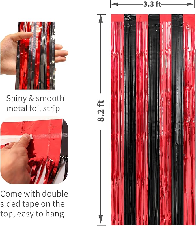 2 Pack Red and Black Foil Fringe Curtains Streamers Party Decorations 3.3 x 8.2 ft, Tinsel Curtain Fringe Backdrop for Parties, Door Fringe Birthday Streamers, Photo Booth Backdrops, Party Decor
