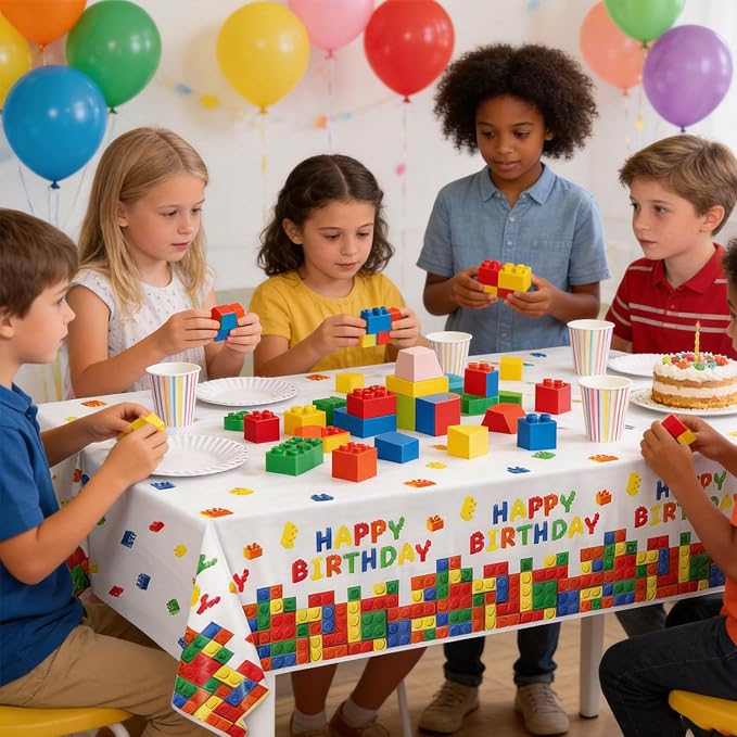 4 Pack Building Block Party Tablecloths, Colorful Blocks Bricks Disposable Plastic Table Covers for Kids’ Block-Themed Birthday Party Supplies, 54 × 108 Inches