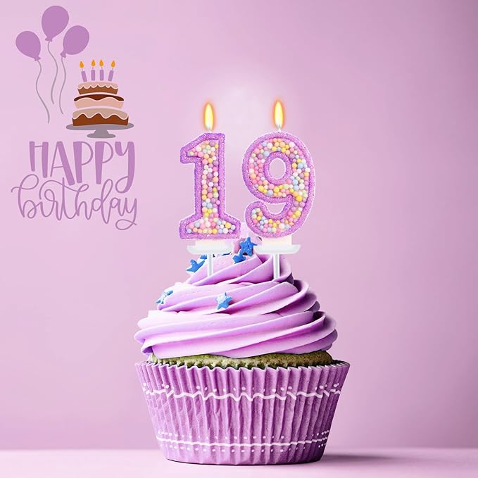 Purple Birthday Candles - Number 19 Candle, Colorful Macaron Candles, 19 Birthday Decorations for Girls, Purple Cake Decorations, Theme Party Supplies