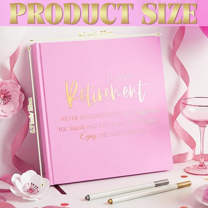 2026 Retirement Guest Book with 2 Markers 8.7'' Square Hardcover Blank Guest Photo Signing Memory Book Happy Retirement Gift Party Supplies for Women Men Teacher Grad Decor (Pink,Fresh)