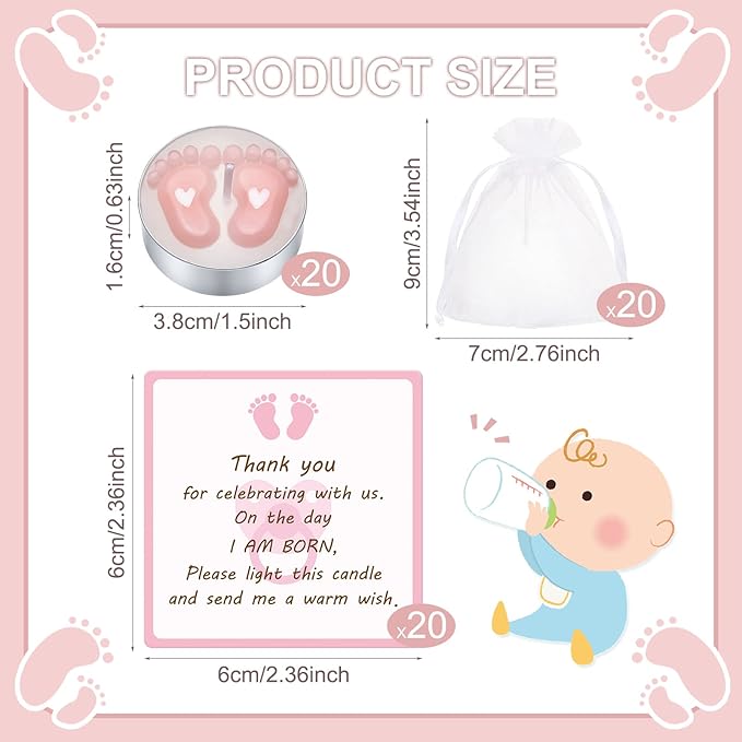 Treela 20 Sets Baby Shower Party Favors Pink Tea Lights Candles with Organza Bag for Guests Cute Feet Shaped Burning Thank You Tags Return Gifts Keepsakes for Baby Shower Gender Reveal Party