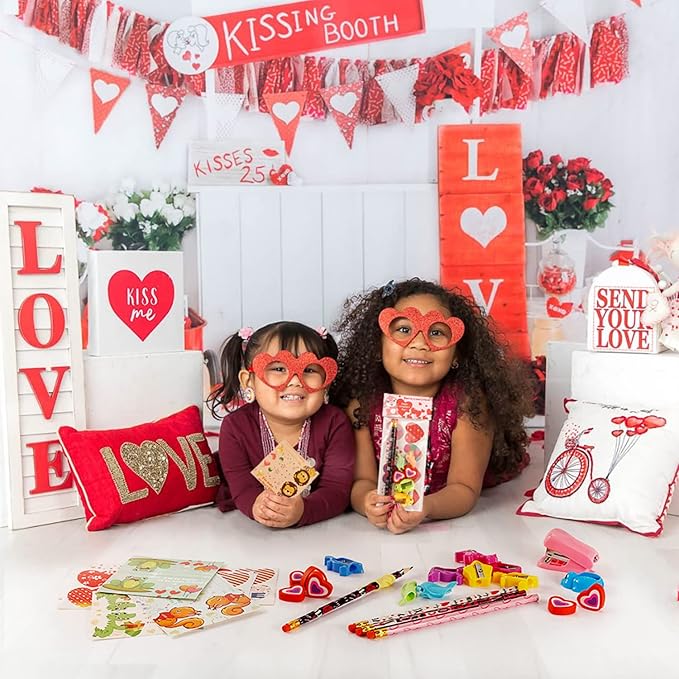 Valentine's Day Gifts for Kids Classroom - 28 Packs Super Value Stationery Kit, Cards, Pencils, Erasers, Pen Sharpeners, Holders, Exchange Party Favors Toys
