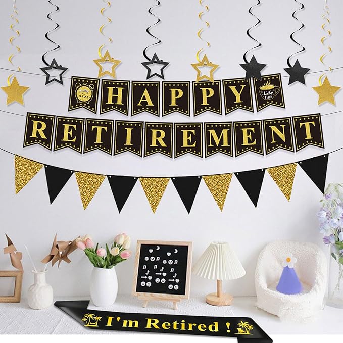 Retirement Party Decorations Black and Gold Happy Retirement Banner Gold Glitter Pennant Flag Banner Star Hanging Swirls and Sash Retired Party Supplies Office Farewell Party Decorations for Men Women