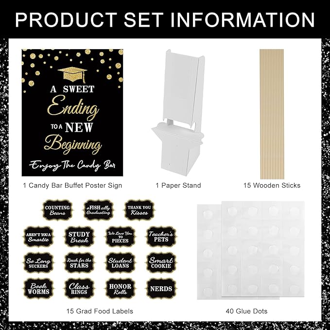 Graduation Candy Buffet Labels for Grad Party Decorations, Graduation Candy Bar Dessert Food Label Signs Set, Class of 2026 Grad Parties Table Decor Supplies (Black and Gold)