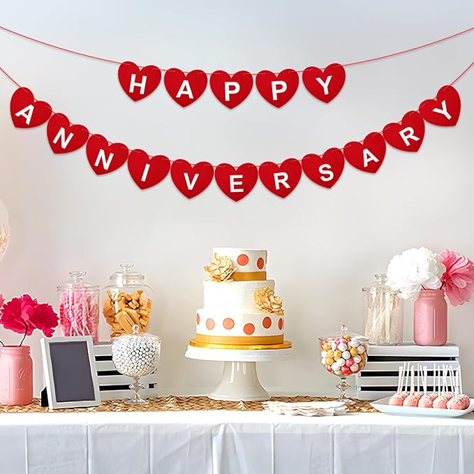 Pre-Strung Happy Anniversary Banner - No DIY Felt Wedding Anniversary Party Banner Sign Red Heart Garland for Romantic Wedding Decorations