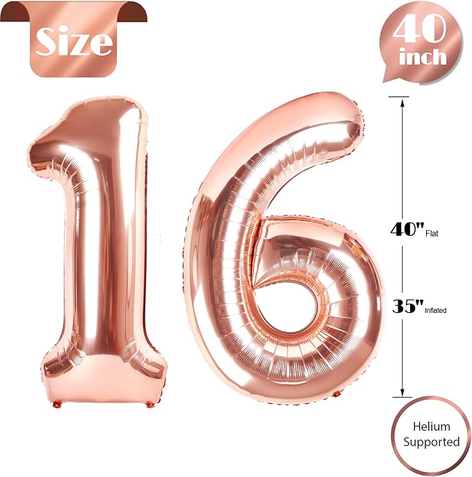 16 Balloon Number, Rose Gold Number 16th Birthday Balloons 40 Inch, Sweet 16 Years Old Rose Gold Birthday Decorations for Boys Girls, 16th Anniversary Decorations