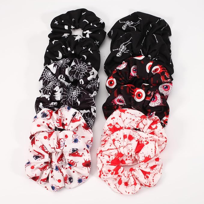 12PCS Halloween Blood Hair Scrunchies Spooky Horror Eyeball Skull Skeleton Moon Star Ghost Hair Ties for Women Girls Ladies Party Gifts