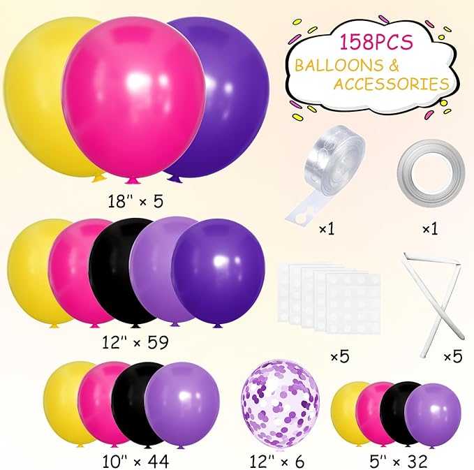 Hot Pink Purple Black Yellow Baloon Garland Arch Kit, 146Pcs Latex Balloons Different Sizes 18 12 10 5 inch for Birthday Wedding Graduation Engagement Party Decorations