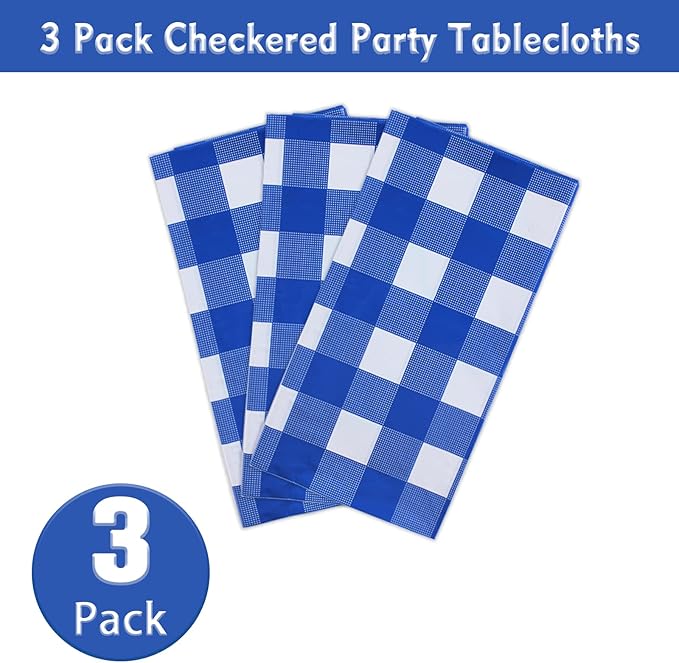 Kesfey 3 Packs White and Blue Gingham Table Cloths 54 x 108 Inches Disposable Plastic Checkered Tablecloths Waterproof Rectangle Picnic Party Tablecovers for Birthday Party Dining Table Kitchens