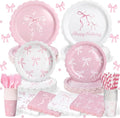 156 Pcs Pink Bow Party Plates and Napkins Cups Tableware Sets for Coquette Birthday Decorations, Pink Birthday Supplies Include Straws, Pink Party Decorations Which Can Serve 26