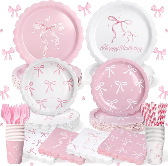 156 Pcs Pink Bow Party Plates and Napkins Cups Tableware Sets for Coquette Birthday Decorations, Pink Birthday Supplies Include Straws, Pink Party Decorations Which Can Serve 26