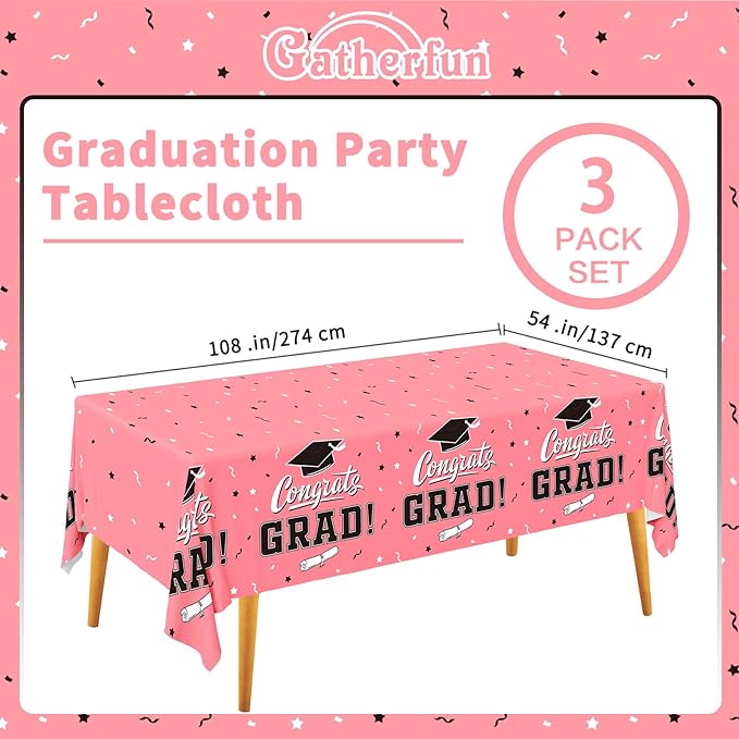 Gatherfun Graduation Tablecloths Graduation Party 2025 Table Decorations Waterproof Plastic Rectangular Disposable Table Cover for Congrats Grad Party Supplies 3PCS 54x108 Inch,