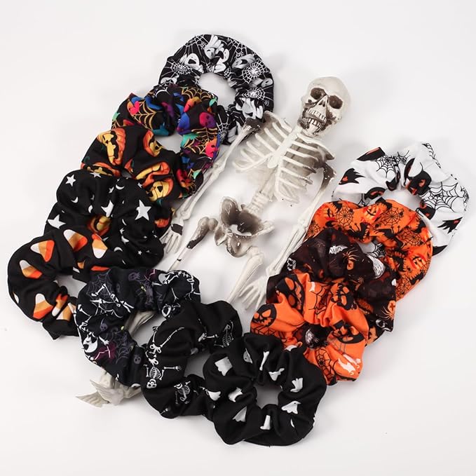 Halloween Hair Scrunchies BOO Spooky Pumpkin Fall Scrunchies Skull Ghosts Bat Star Moon Candy Spider Web Skeleton Hair Ties for Women Girls Elastics Scrunchy Halloween Gifts Accessories 12 PCS