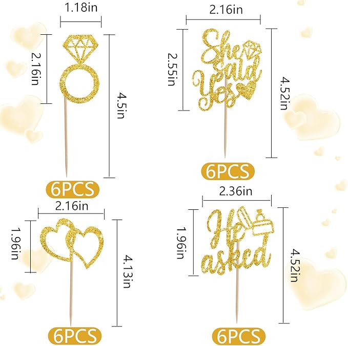 BEISHIDA He Asked She Said Yes Cupcake Toppers, 24 Pcs Engagement Cupcake Toppers Glitter Diamond Ring Heart Cupcake Picks for Wedding Engagement Bridal Shower Party Cake Decorations(Gold)