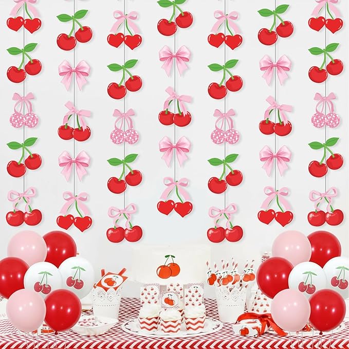 Xinnun Cherry Party Decorations Pink Bow Hanging Banners Garland Cherry Baby Shower Decorations Cutouts Ribbon Streamers for Berry Birthday Bridal Engagement Bachelorette Wedding Party Decor