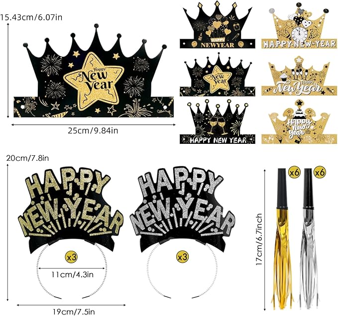 42 Pcs New Years Eve Party Supplies 2026, Includes Happy New Year Hats Paper Crowns,Headband Tiara,Paper Glasses,Wreath,Noise Makers for Happy New Year's Party Decorations 2026