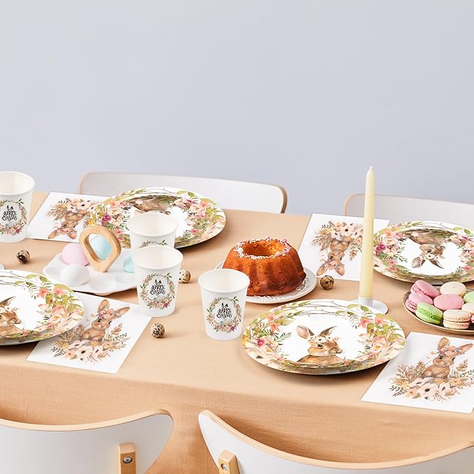 100Pcs Easter Party Decorations, Easter Tableware Set Serve 25 Guests 9" Dinner Plates 7" Dessert Plates 9OZ Paper Cups Napkins, Disposable Dinnerware Set, Paper Plate Bunny Egg Party Supplies