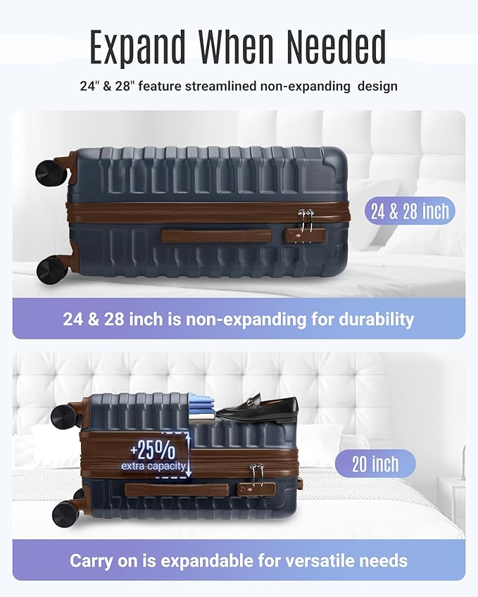 LIGHT FLIGHT Luggage Sets, 3 Piece Durable Suitcase Set with Spinner Wheels, 3 Pcs Hard Shell Lightweight Luggage with TSA Lock, Large Checked Travel Suitcases, 20/24/28 Inch,Blue/Brown
