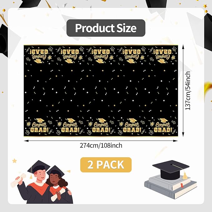 2-Piece 54 x 108 Inch Graduation Plastic Tablecloth – Graduation Disposable Rectangle Table Covers with “Congrats Grad” Design for Class of 2026 Party, School and Home Decorations