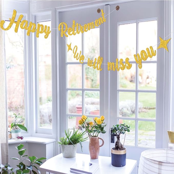 Gold Happy Retirement Banner for Happy Retirement Decorations,We Will Miss You Banner-Glitter Going Away Party Decor Sign Goodbye Farewell Decorations Party Supplies for Coworker Men Women