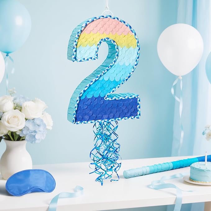 WERNNSAI Number 2 Piñata - Ombre Blue Two Piñata with a Blindfold and Bat Birthday Party Game for Kids Boys Girls 2nd Birthday Party Decorations （16.3" x 11.4" x 3")