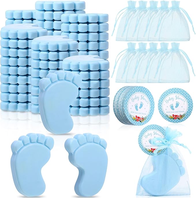 50 Sets Baby Shower Soap Favors for Guests Boy Girl Mini Handmade Scented Soaps with Thank You Tags and Organza Bags for Gender Reveal Baptism Shower Wedding Party(Blue)