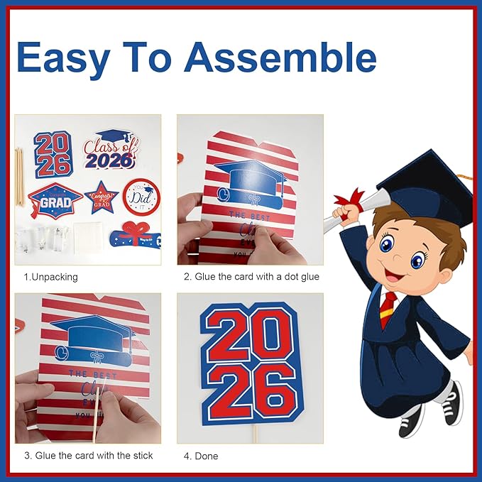 OuMuaMua Graduation Decorations Class of 2026-30pcs Red and Blue Graduation Table Centerpieces Sticks Table Toppers with Lights for College High School Congrats Grad Party Supplies