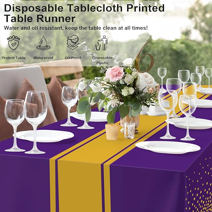 12 Pack Purple and Gold Tablecloth Party Decorations Plastic Purple Tablecloth Printed Gold Table Runner 54 x108 Inch Disposable Rectangle Table Cover for Birthday Wedding Graduation