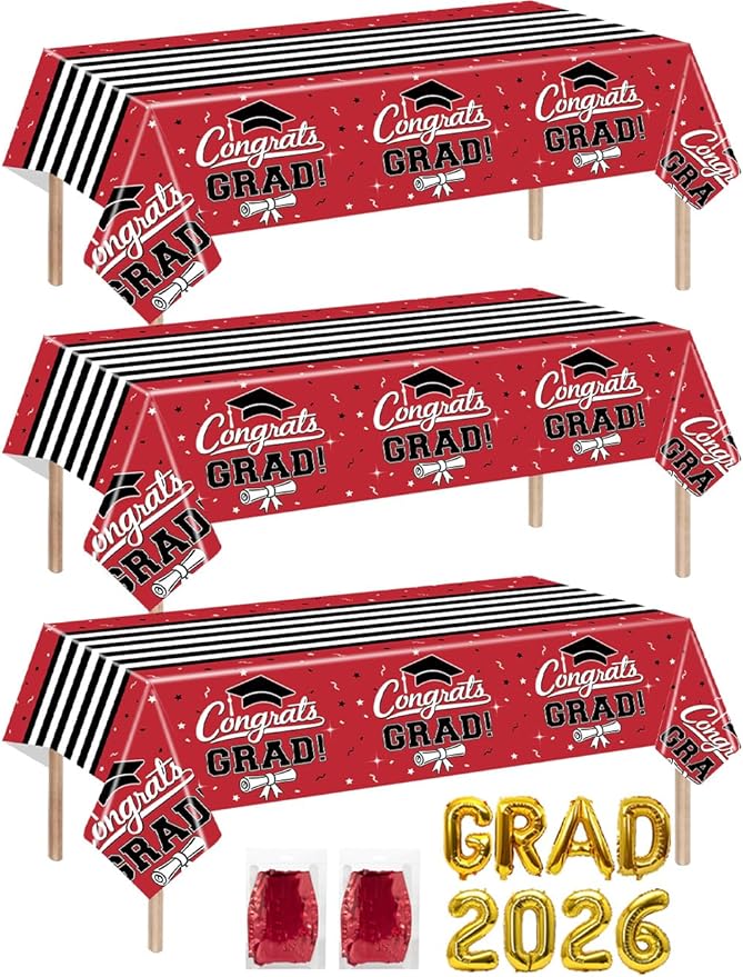 7-Pack Graduation Party Decorations Set, 3 Red Graduation Tablecloths 54x108in, 2026 and Grad Balloons, 2 Foil Fringe Curtains for High School College Graduation Party Photo Booth