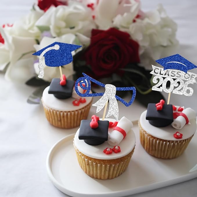 Gyufise 24Pcs Class of 2026 Graduation Cupcake Toppers Glitter Diploma 2026 Grad Cap Cupcake Picks for 2026 Theme Party Cake Decorations Supplies Silver Blue