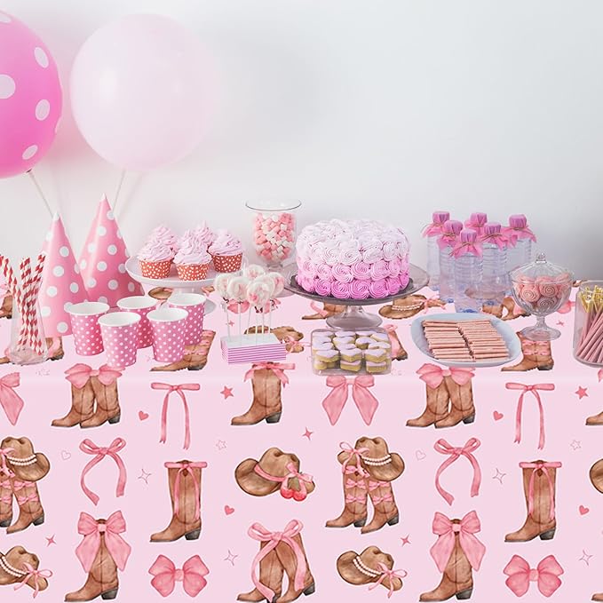 6Pcs Western Cowgirl Tablecloth Coquette Bow Cowgirl Birthday Party Tablecover 51x86 inch Cowboy Rodeo Table Cloth Western Theme Party Decoration Birthday Party Supplies