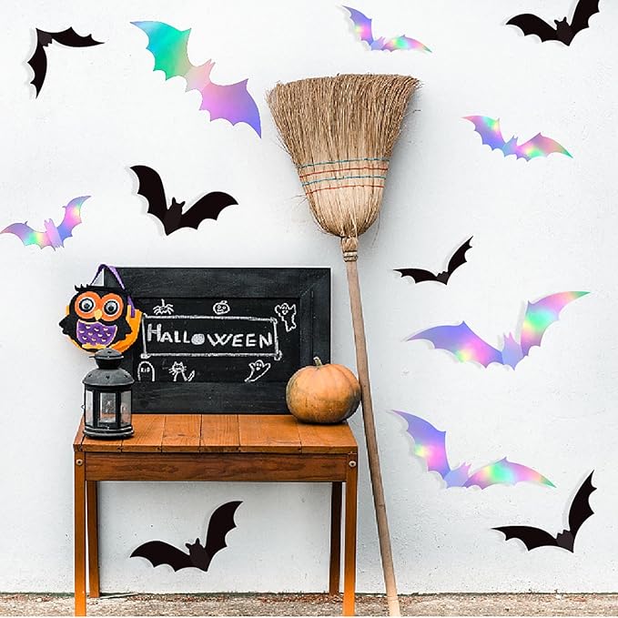 Halloween Iridescent Holographic Bats Party-Decorations Stickers Banner - 17pcs Neon Glitter 3d Paper Rooms Wall Decor,Hotel Transylvania Kids Happy Birthday Hanging Supplies Panduola